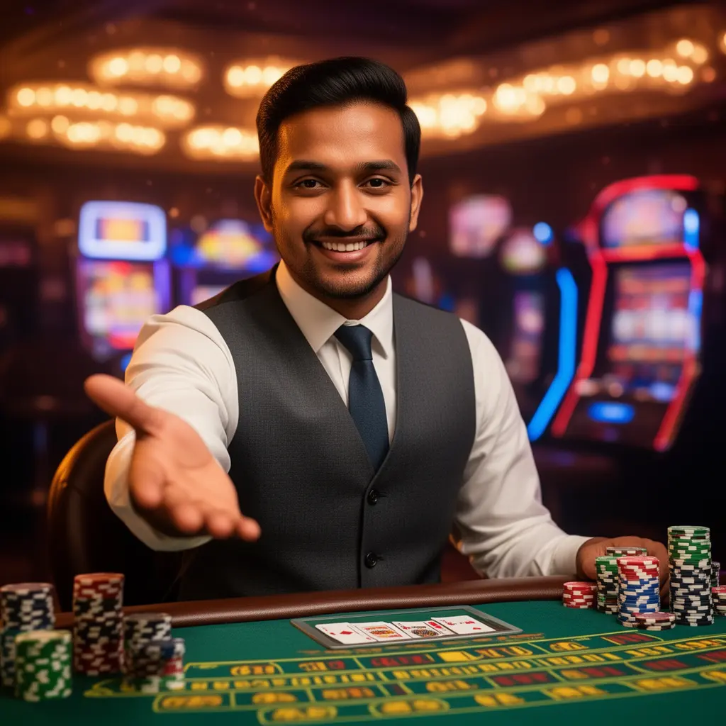 BH999 Login – Secure and instant access to your casino account in Bangladesh Confident Bangladeshi casino dealer welcoming players with an extended hand surrounded by glowing chips and casino lights at BH999